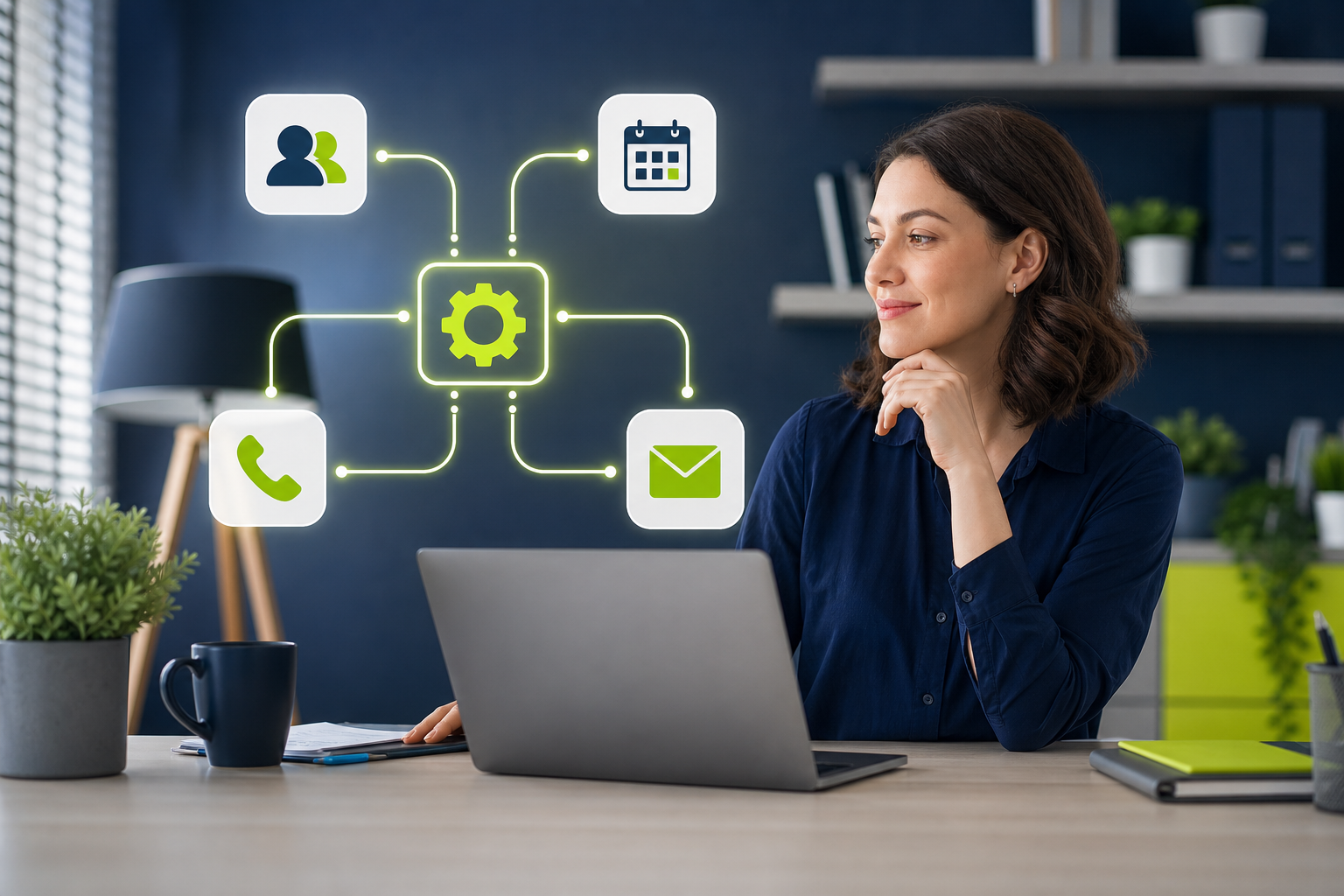 Small business owner connecting CRM, calendar, phone, and email with AI automation workflows
