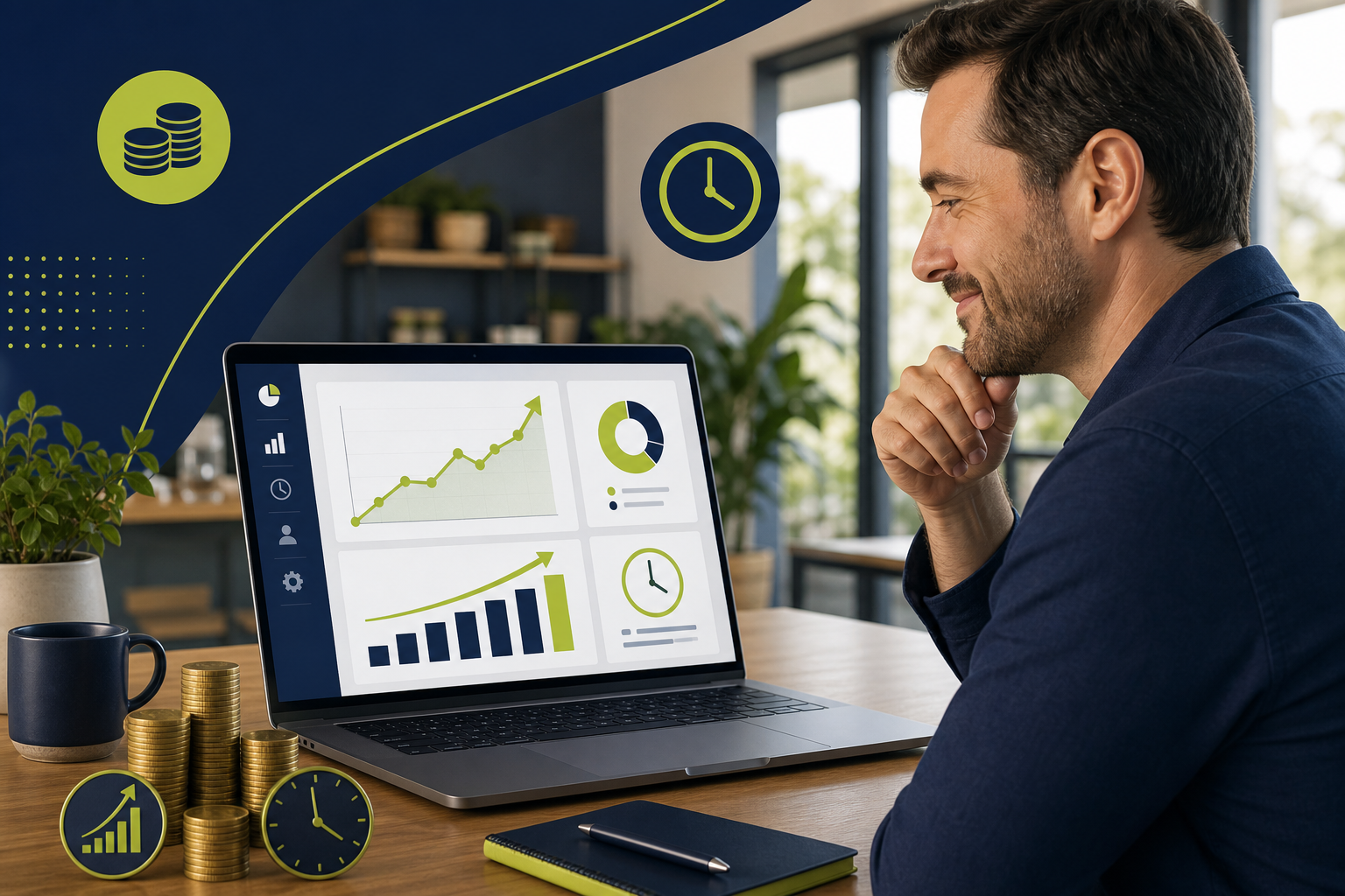 Small business ROI dashboard showing revenue growth and time savings from AI automation