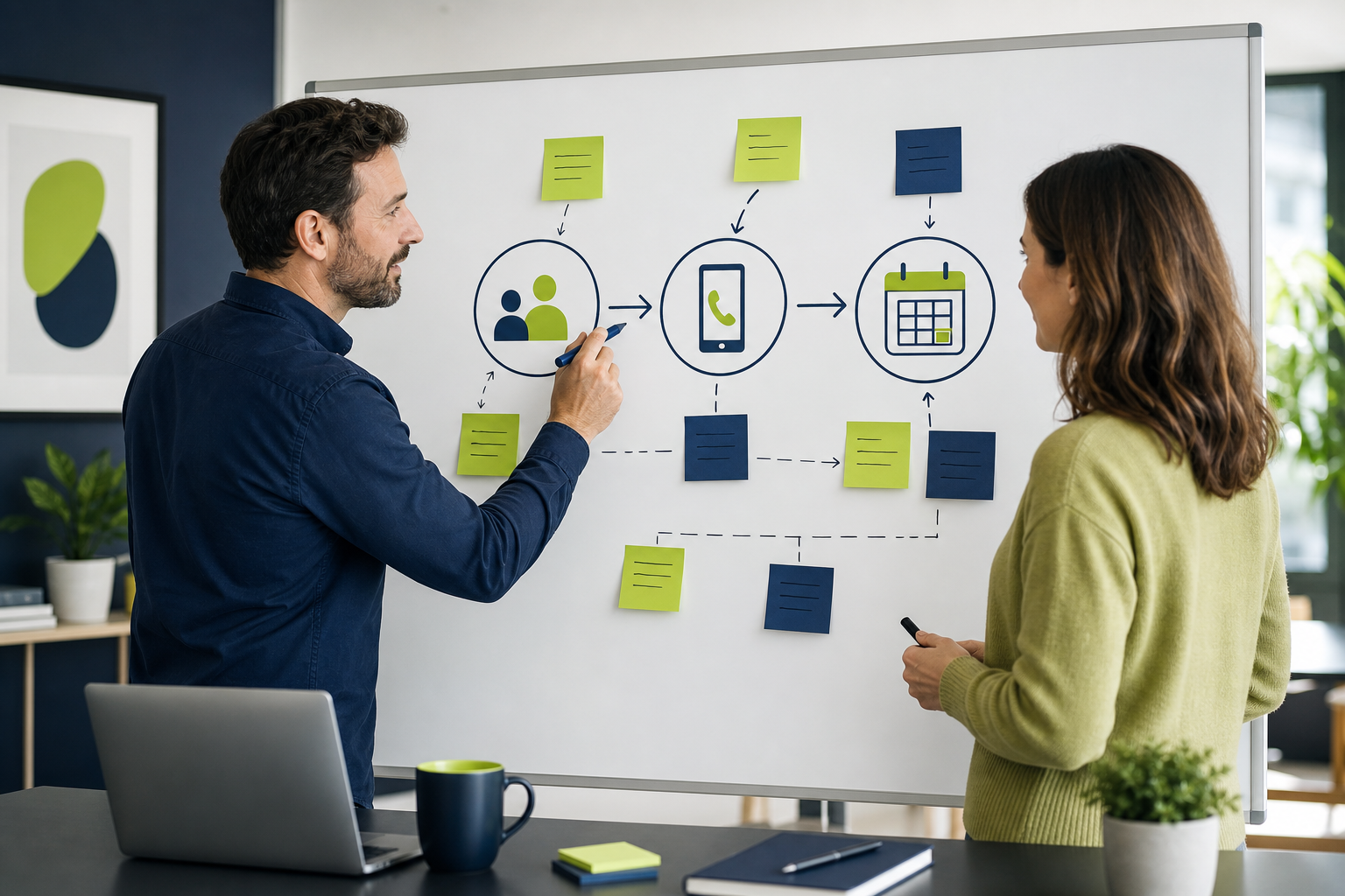 Consultant mapping a custom AI automation workflow for a small business