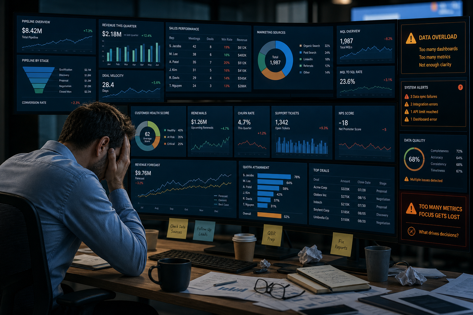 B2B manager overwhelmed by multiple dashboard screens full of charts and KPI widgets