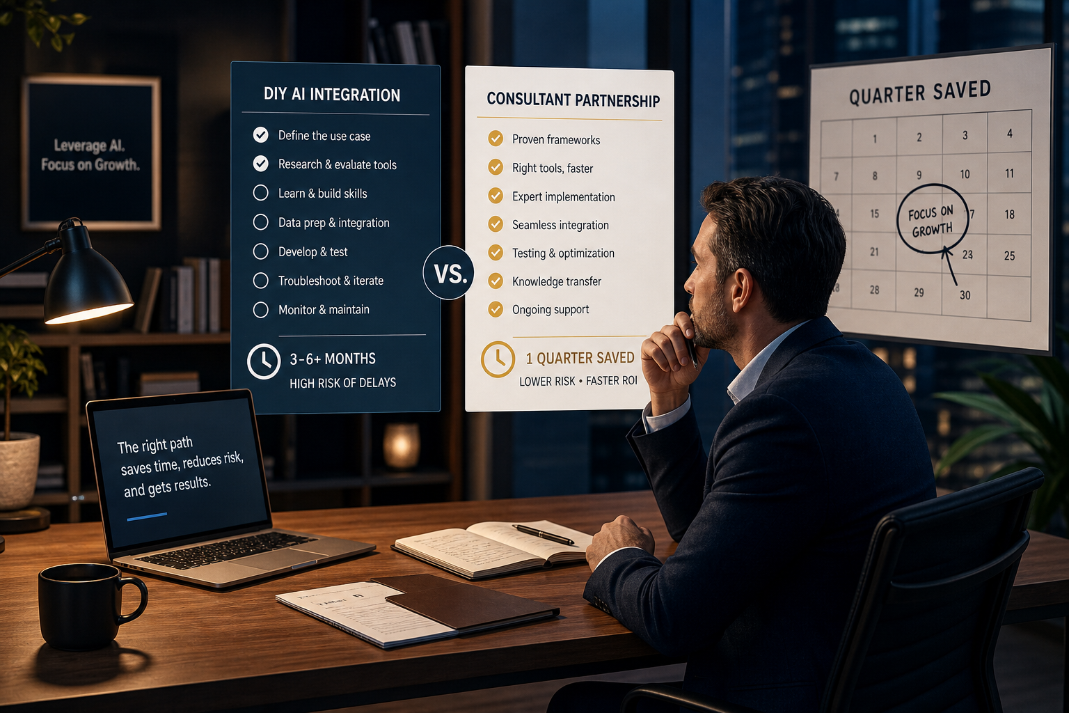Business owner comparing DIY AI integration timeline versus working with an experienced AI consultant
